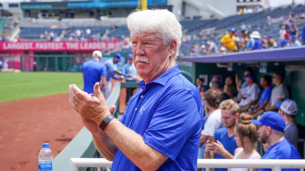 Jul 25, 2021; Kansas City, Missouri, USA; Kansas City Royals owners group principal owner John Sherman applauds during warm ups before the game against the Detroit Tigers at Kauffman Stadium. Mandatory Credit: Denny Medley-USA TODAY Sports